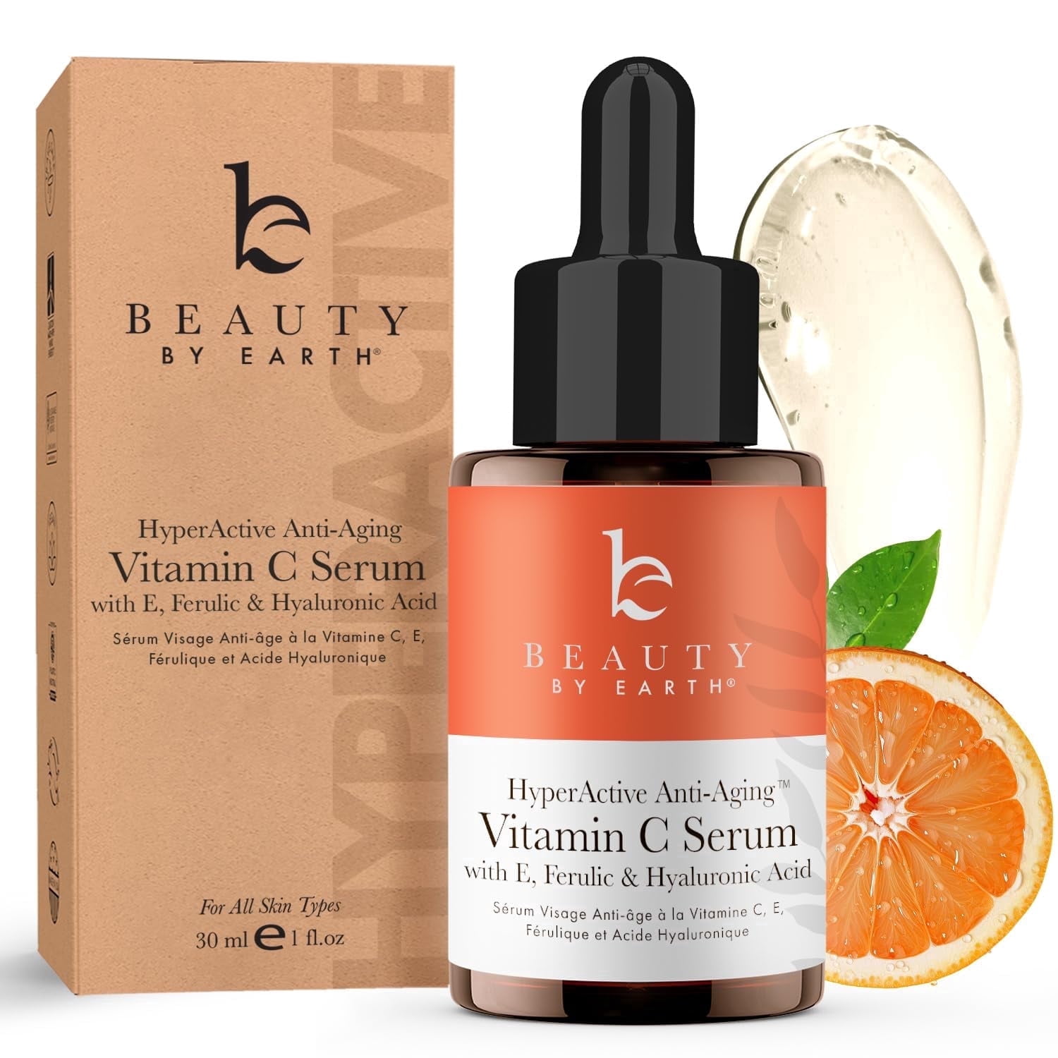 Beauty by Earth Vitamin C Face Serum - USA Made with Hyaluronic Acid and Vit E, Vegan Care for Wrinkles, Hyperpigmentation