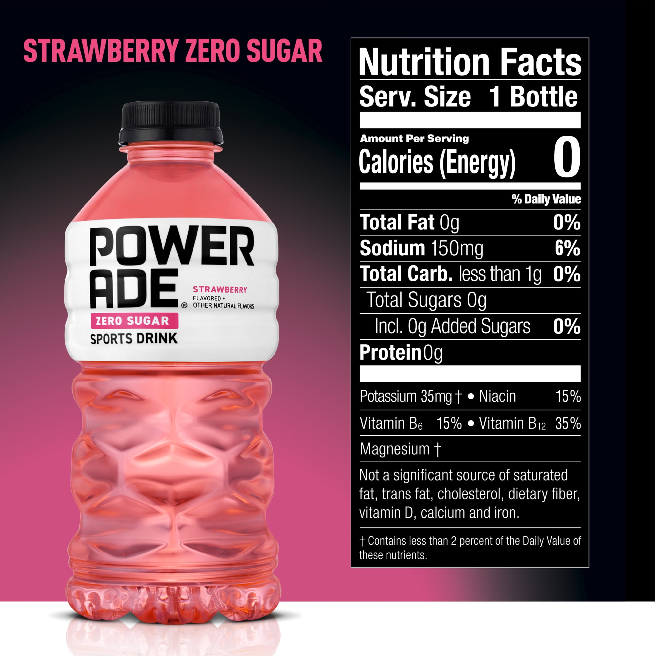 POWERADE Zero Strawberry, ION4 Electrolyte Enhanced Fruit Flavored Zero Sugar Zero Calorie Sports Drink w/ Vitamins B3, B6, and B12, Replinish Sodium, Calcium, Potassium, Magnesium, 28 fl oz
