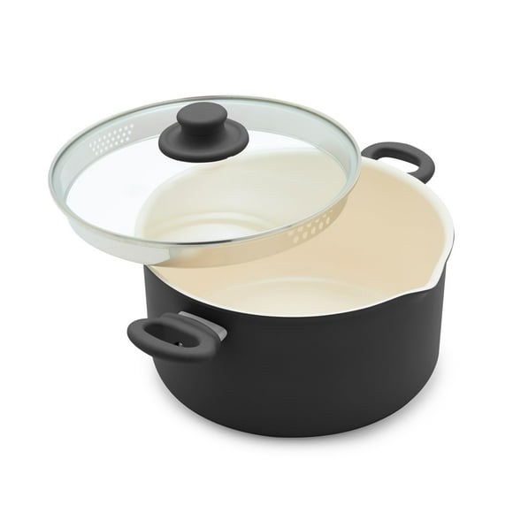 Stockpot GreenLife de cerámica antiadherente de 6 cuartos de galón con tapa de vidrio, color negro