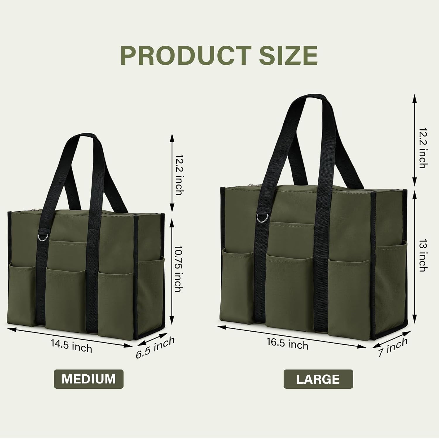 Omlopp Large Tote Bag for Women Waterproof with 12 Pockets Top Zipper Closure Utility Teacher Nurse Bags for Work School-Army Green-Large