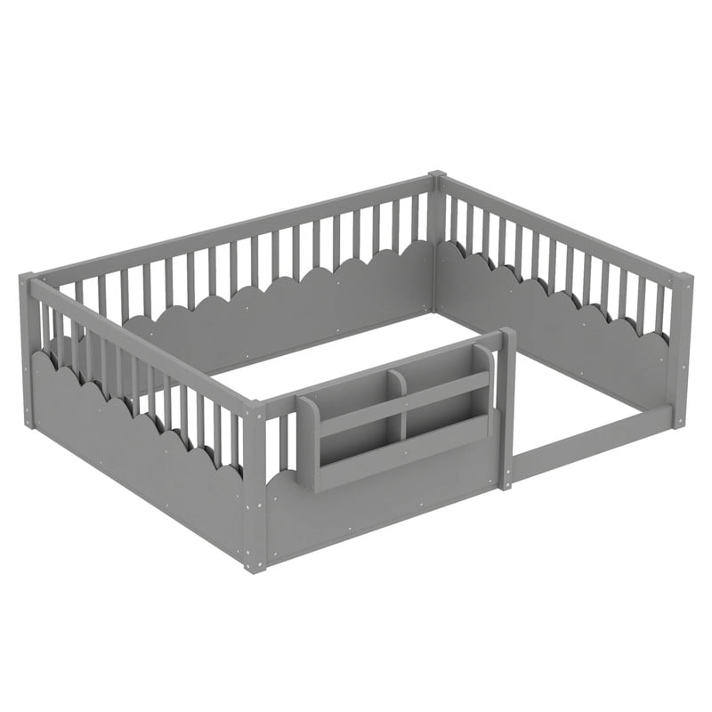 Full Size Floor Bed with Heightened Fence, Kids Platform Bed Frame with No Slat, Montessori Storage Bed with Bookshelf