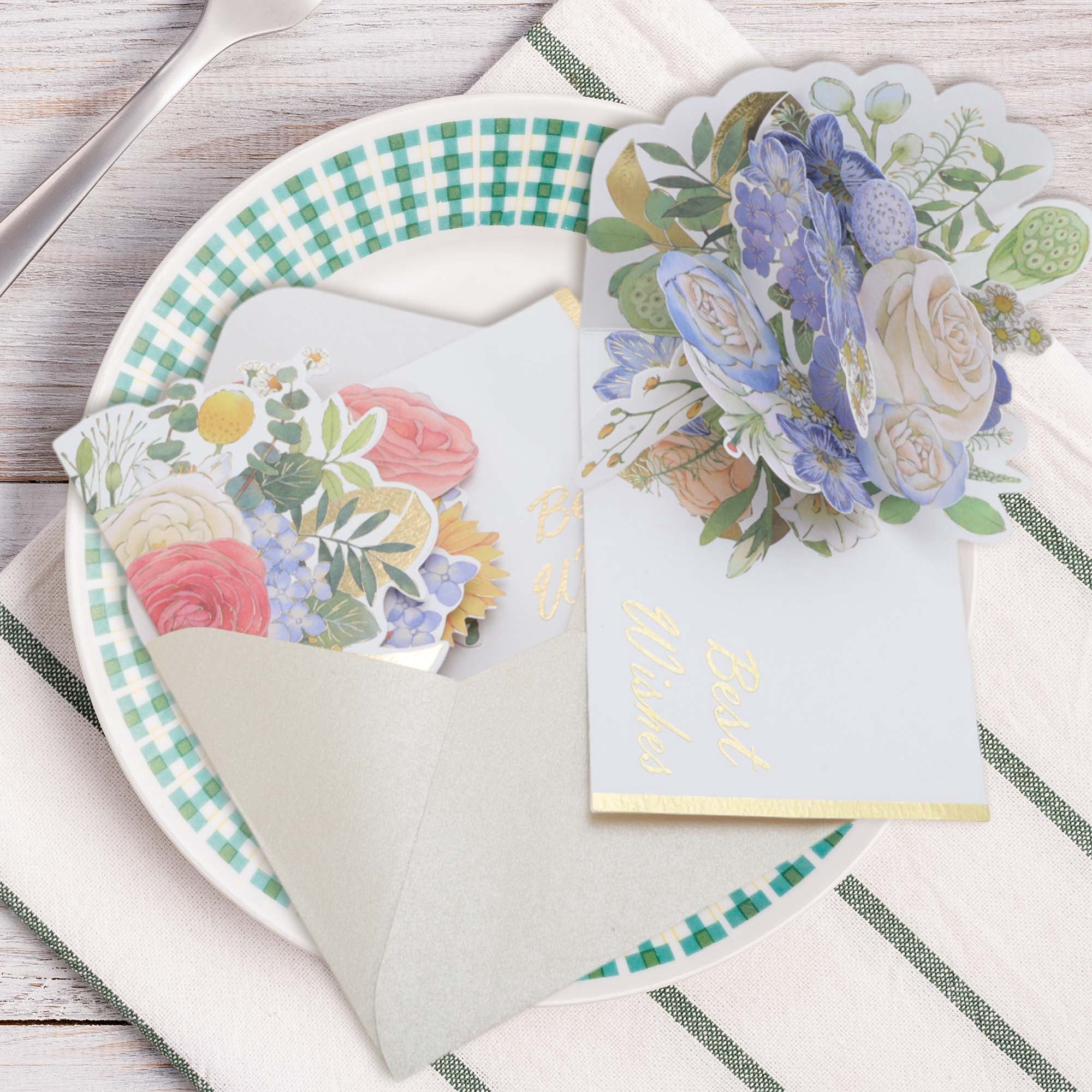 Unique Bargains Pops Up Bouquet Card 3D Greeting Cards with Envelope Blue