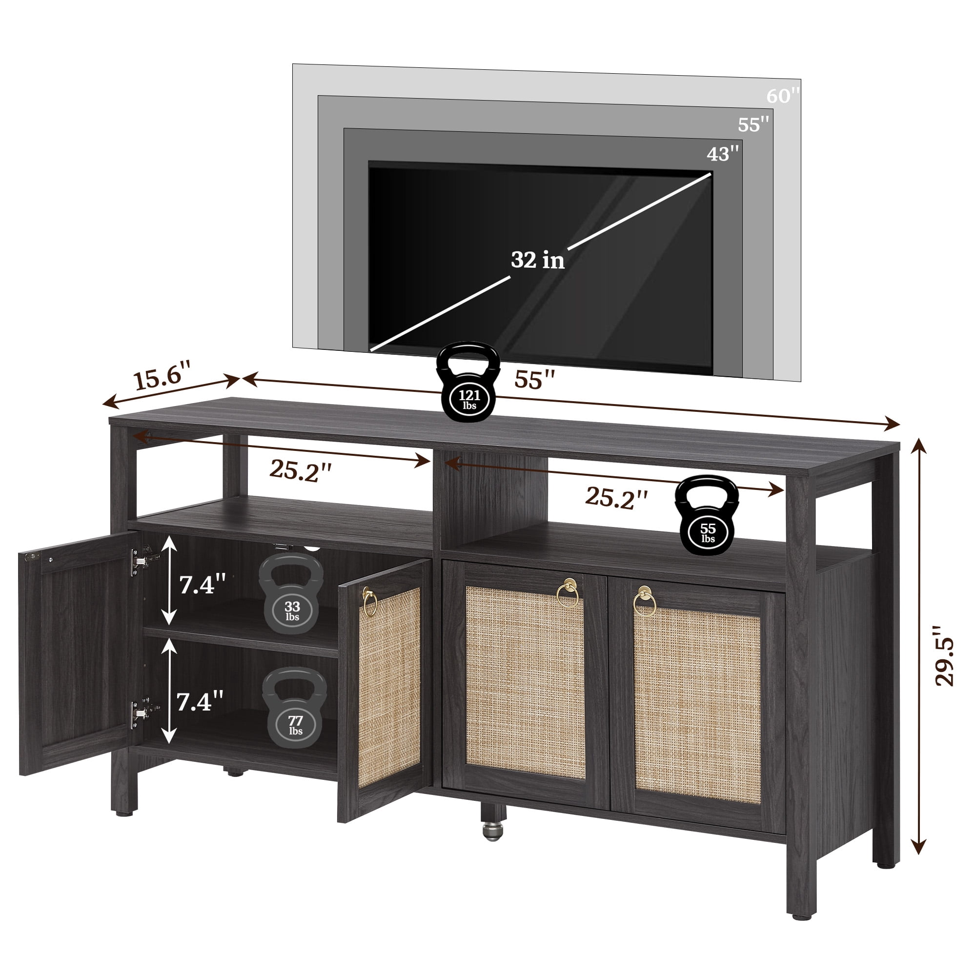SICOTAS Boho TV Stand for TVs up to 65", Rattan 29.5" Tall Entertainment Center with Storage Cabinets & Adjustable Shelves , TV Console Table Set of 2 for Living Room, Black Oak