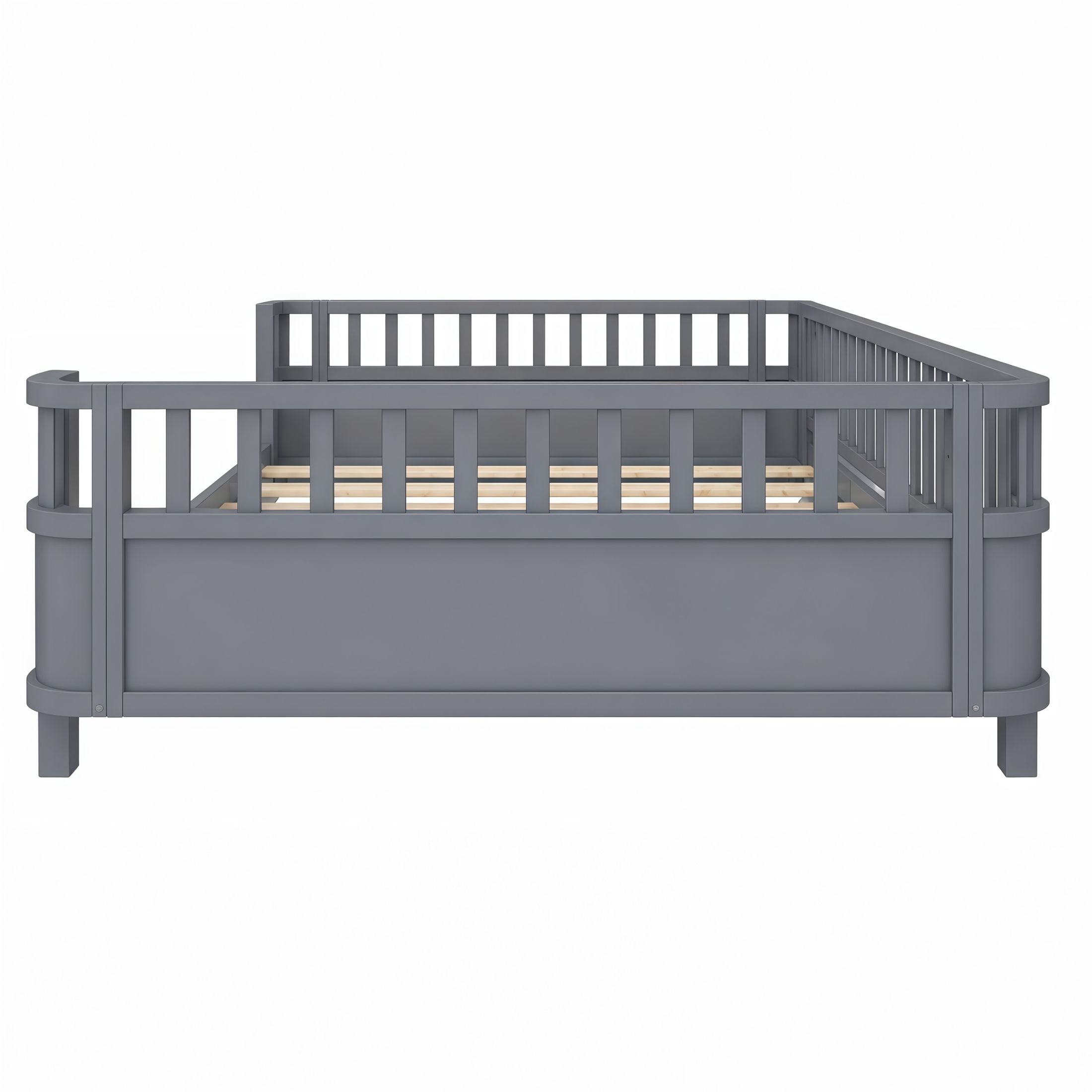 GDF Studio Darpel Full Size Wooden Montessori Bed Frame with Guard Rails, Pine Wood Low-Profile Floor Kids Bed, Gray