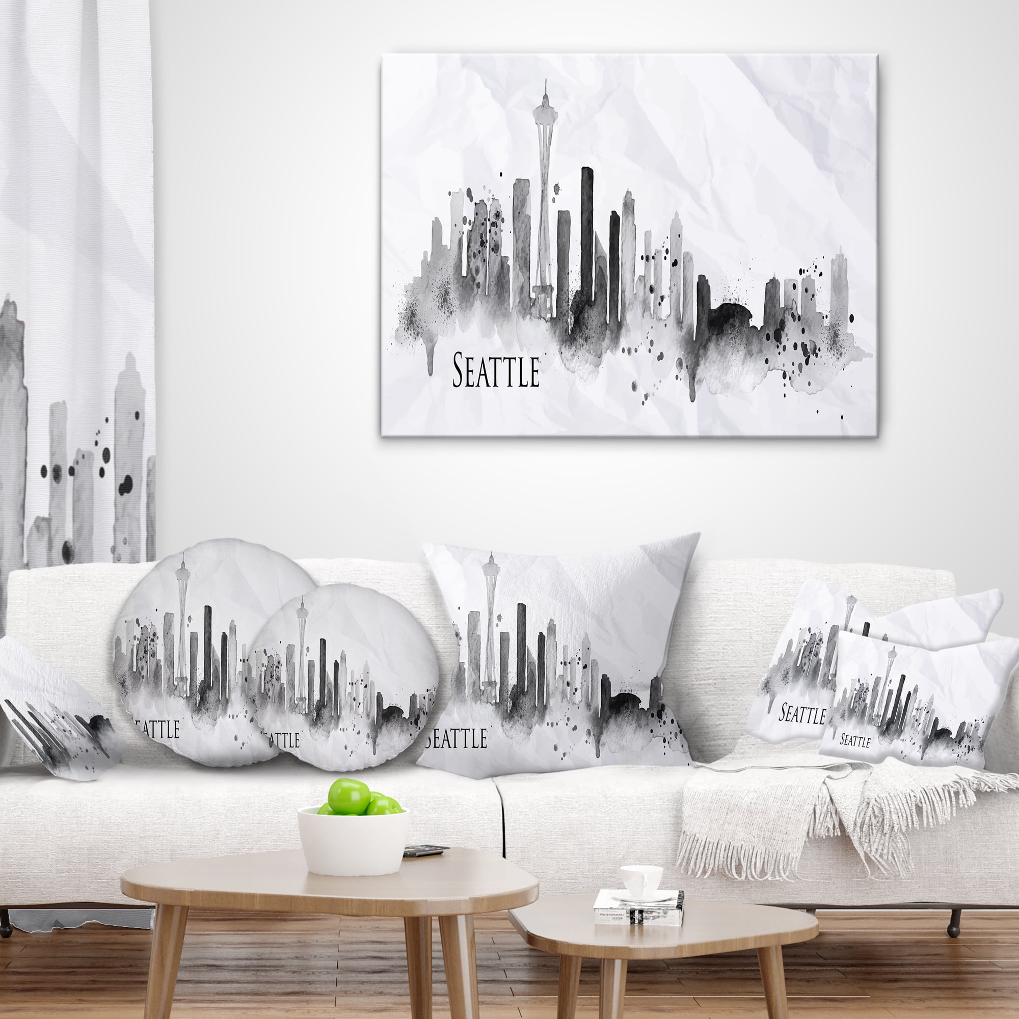 Designart Seattle Black Silhouette - Cityscape Painting Throw Pillow - 12x20