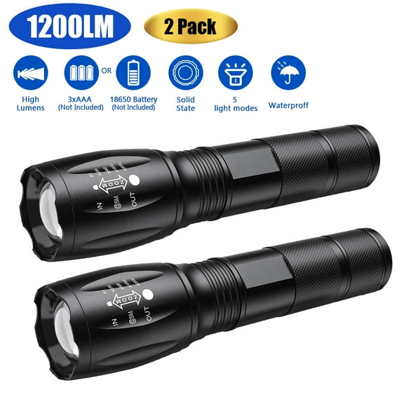 Portable 1200 Lumens Handheld LED Flashlight with Adjustable Focus and 5 Light Modes, Outdoor Water Resistant Flashlights High Lumens, Tactical Flashlight for Camping Hiking Emergency[2 PACK]