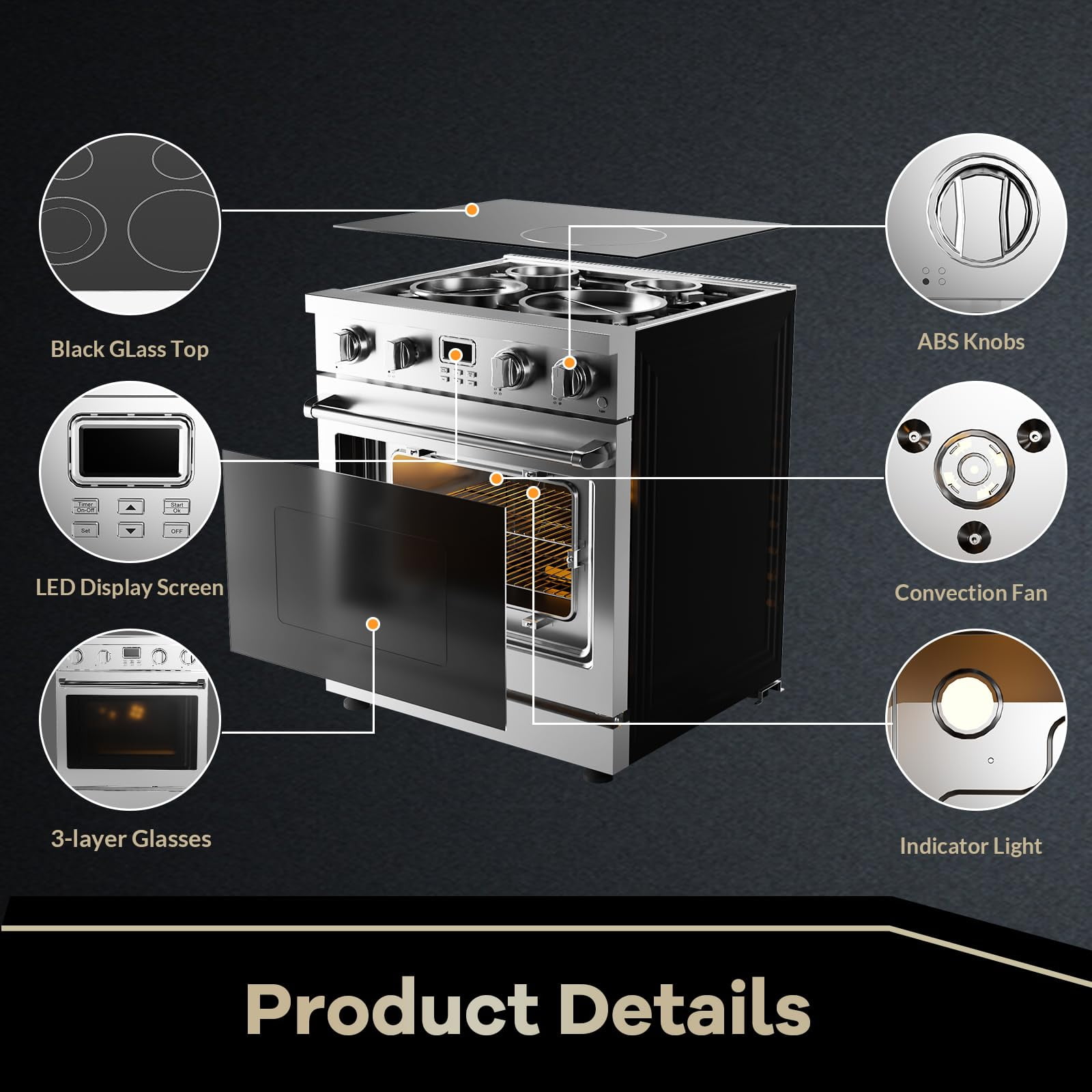 30" Electric Range with 4 Heating Elements Convection Oven 4.8 Cu. Ft. Capacity, 6 Functions - Professional Electric Range Oven with Smooth Glass Top