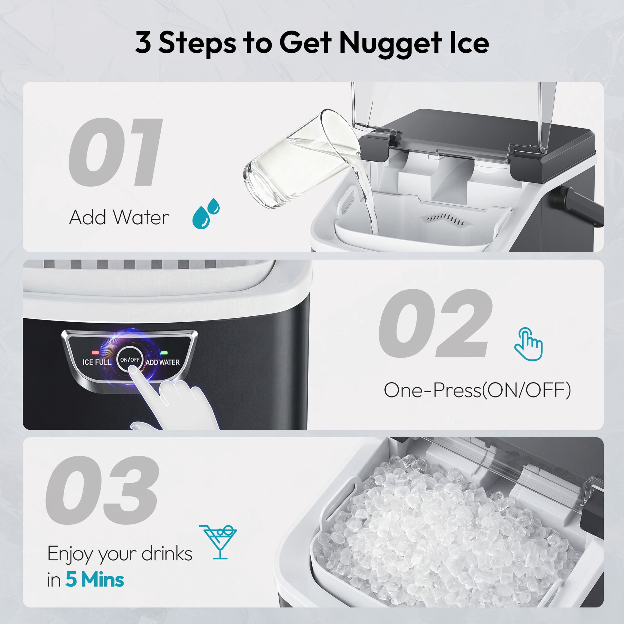 EUHOMY Countertop Nugget Ice Maker, 33Lbs/24H, Ready in 5 Mins, Self-Cleaning Portable Ice Machine, Black