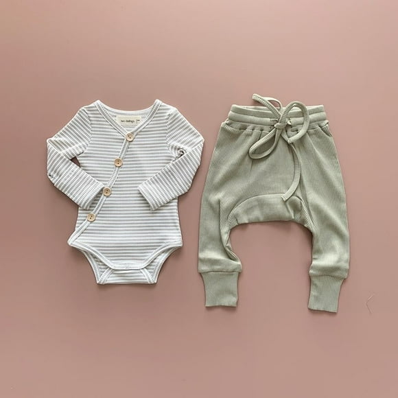 2Pcs Toddler Baby Boys Tops Knit Striped Romper Pants Pajamas Set Sleepwear Age For 0-18 Months