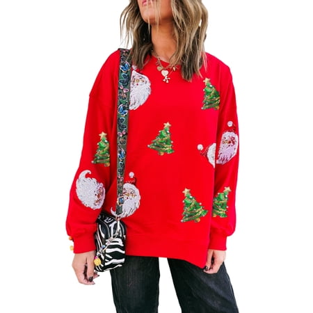 Women s Red Santa Claus Christmas Tree Patched Drop Shoulder Sweatshirt | [ZhiHiMeRi] | (US 4-6)S