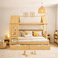 thumbnail image 6 of HICOMILA Twin House Bed with Storage Drawers and Shelves, Solid Wood House Platform Bed Frame with Roof Design for Boys Girls, Wooden Twin Bed with Built-in Storage, Childlike Design, Natural, 6 of 12