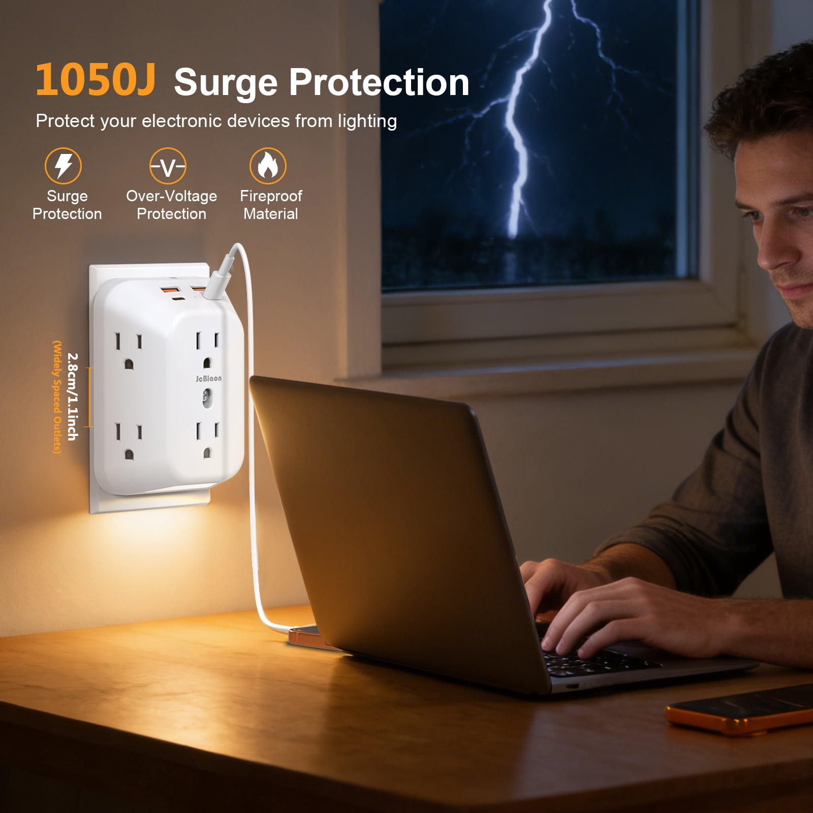 10-in-1 Upgraded USB Wall Outlet - 3-Sided Surge Protector with Auto Dark Sensor & Touch Switch, 3 Modes Warm Night Light with Auto Sensor,