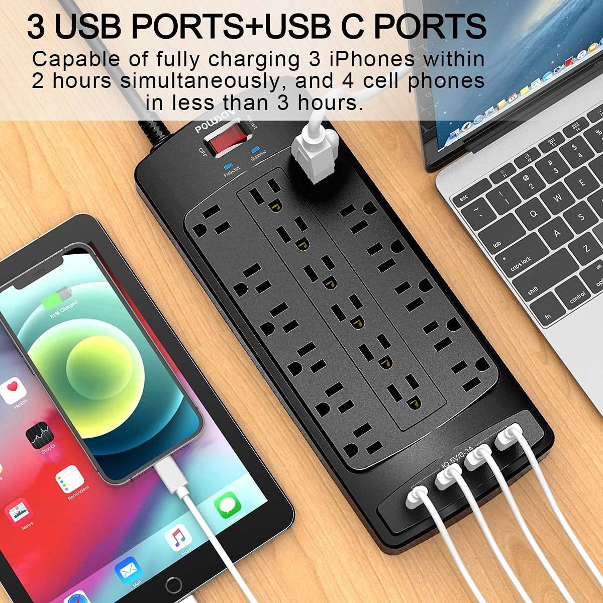 18 Outlets Surge Protector Power Strip - 6 Feet Flat Plug Heavy Duty Extension Cord with Widely and 4 USB Ports, 2100 Joules, Black, ETL Listed