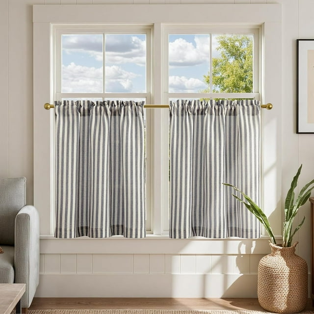 Striped Linen Kitchen Curtains 24 Inches Tier Curtains Farmhouse Modern Cafe Style Small Window Treatments Airy Light Filtering Rod Pocket for Living Room Bathroom 2 Panels Charcoal Grey