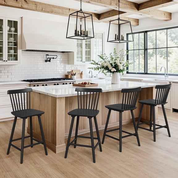Dycanpo 24'' Wooden Windsor Counter Height Chairs Set of 4, Farmhouse Kitchen Stools with Back,Black