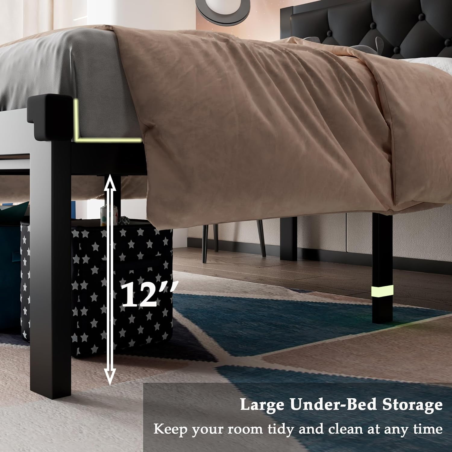 Honfach Twin Size Metal Platform Bed Frame with Faux Leather Upholstered Button Tufted Headboard, Black