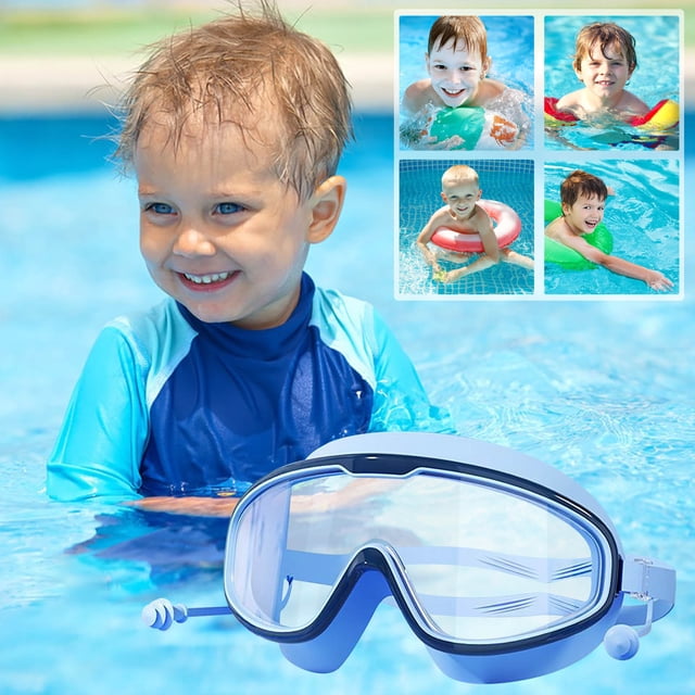 gafas de natación impermeables hd antiempaña soft comfort para entrenamiento en piscina Frente centrado de gafas infantiles azul con lente HD transparente y campo de visión amplio, sello impermeable visible en el borde del marco, almohadillas faciales suaves y correa trasera ajustable; sobre fondo de piscina, aptas para clases, entrenamiento y recreación acuática para niños.