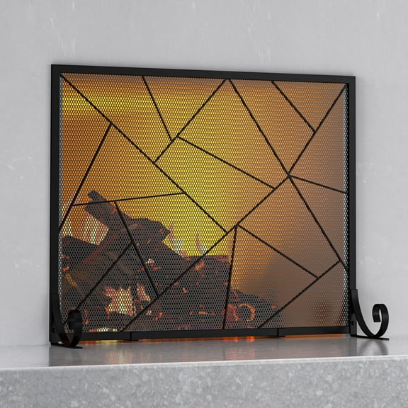 Fire Beauty Fireplace Screen 35"L x 28.15"H Decorative Mesh Geometric Fire Spark Guard Gate Cover for Home