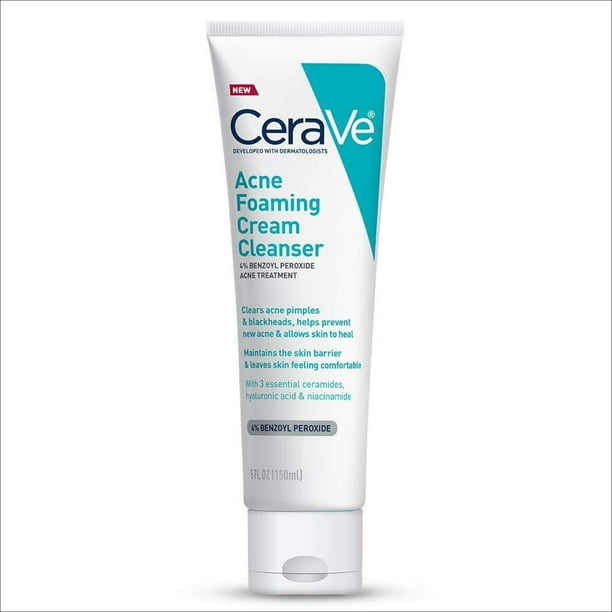 CeraVe Acne Foaming Cream Cleanser Acne Treatment Face Wash with 4 Benzoyl Peroxide