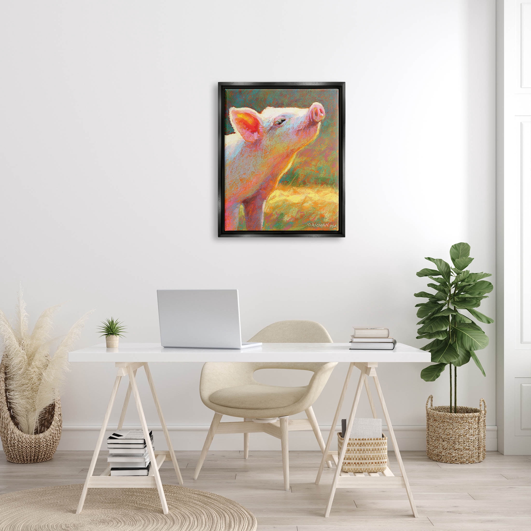 Happy Pink Pig Sunny Farm Animals & Insects Painting Jet Black Framed Art Print Wall Art