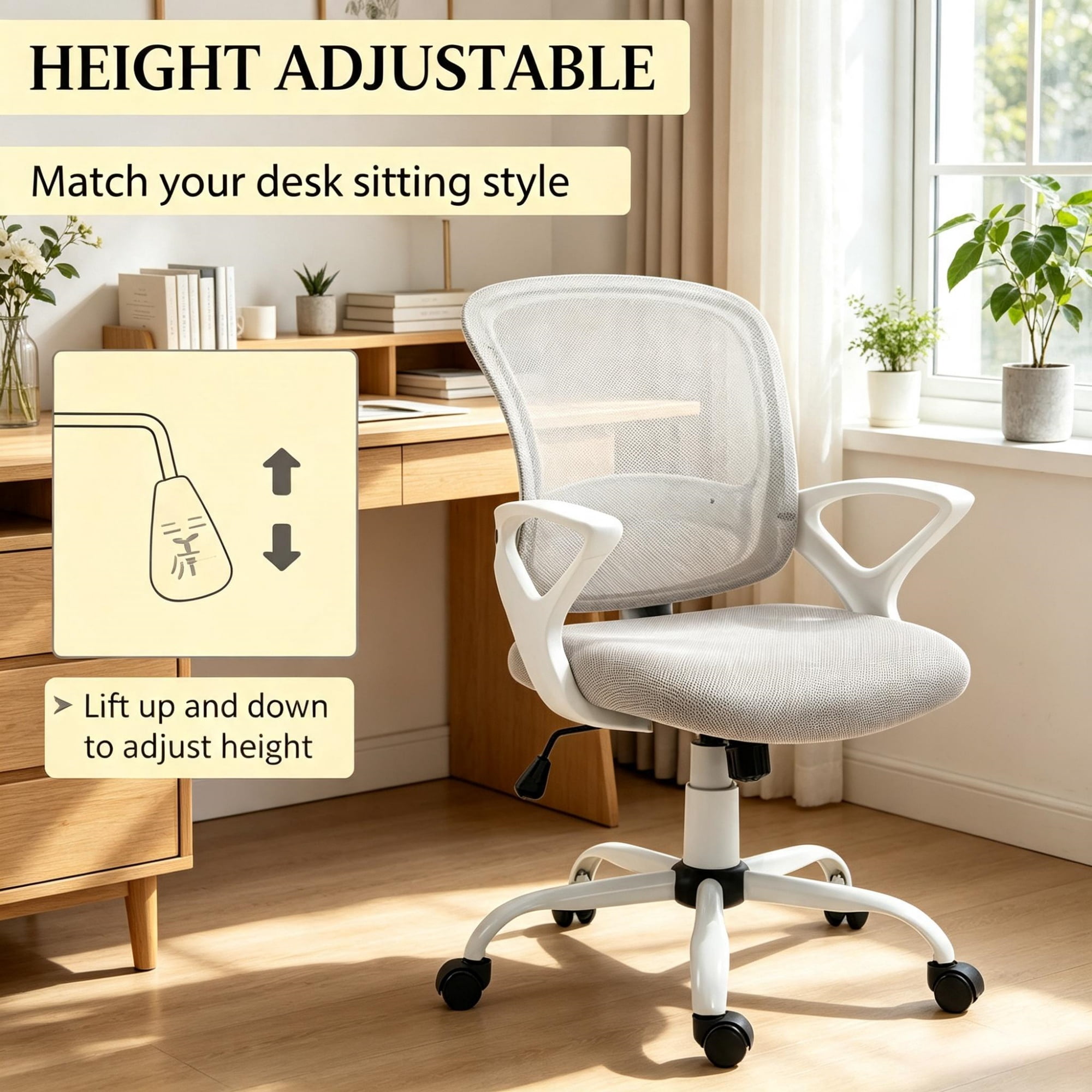 Mid-Back Mesh Office Chair for Long Hours Working, Swivel Computer Chair, Rocking Function, Rolling Wheels, Gray