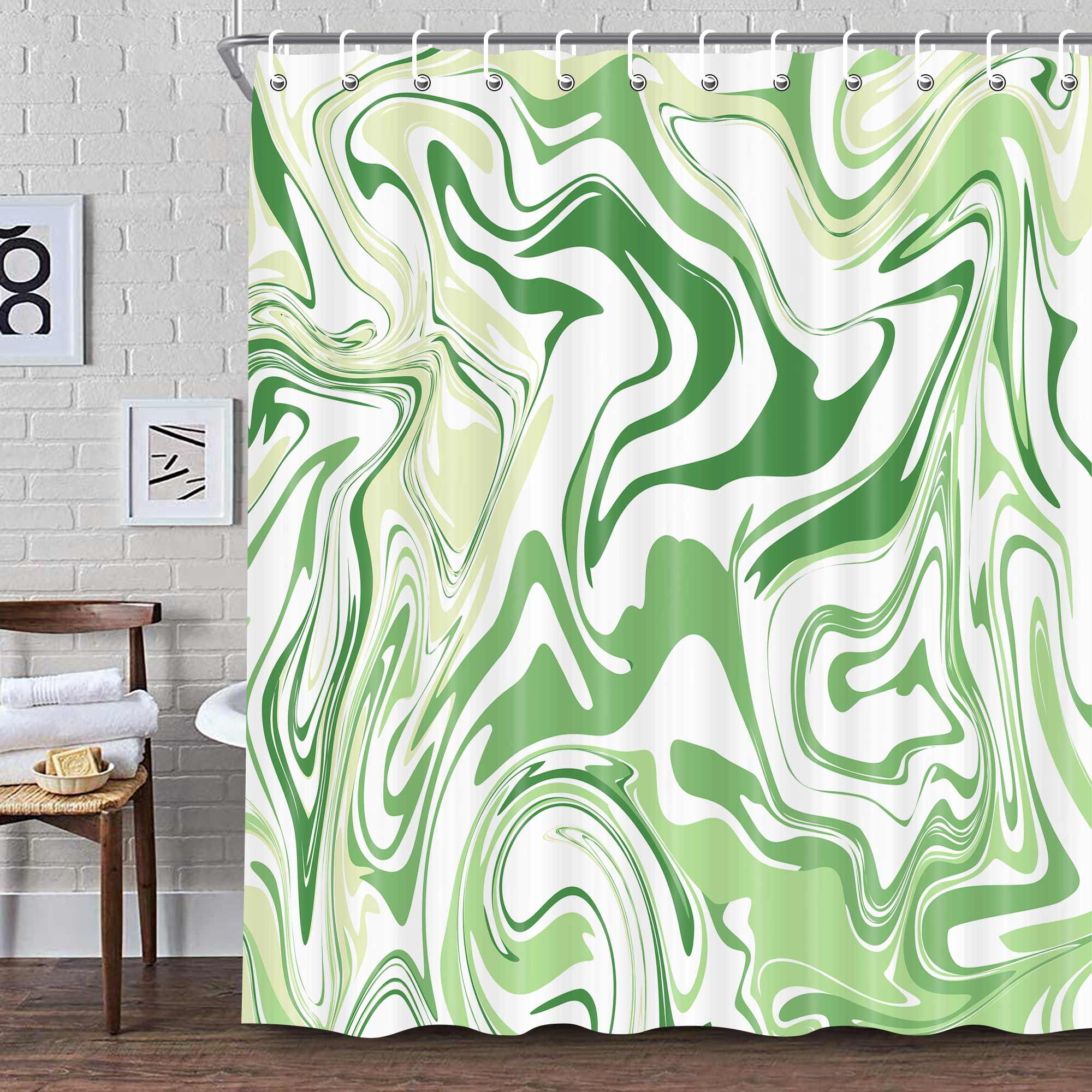 Aesthetic 70S Abstract Wavy Swirl Shower Curtain,Cute Sage Green Marble Bath Curtain, Modern Ombre Retro Boho Minimal Bathroom Accessories Groovy Teen Girls Bathroom Curtain Liner Set Hooks