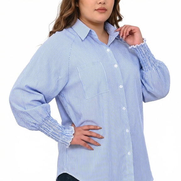 Gingprous Casual Button Down Shirt for Women Long Sleeve Oversized Striped Shirt with Pocket Smocked Cuffed Boyfriend Shirt