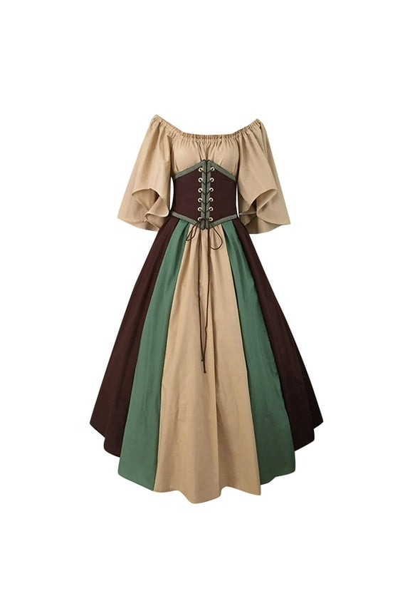 Renaissance Corset Dress for Women Medieval Patchwork Off The Shoulder Trumpet Sleeve Ball Gown Plus Size Dresses