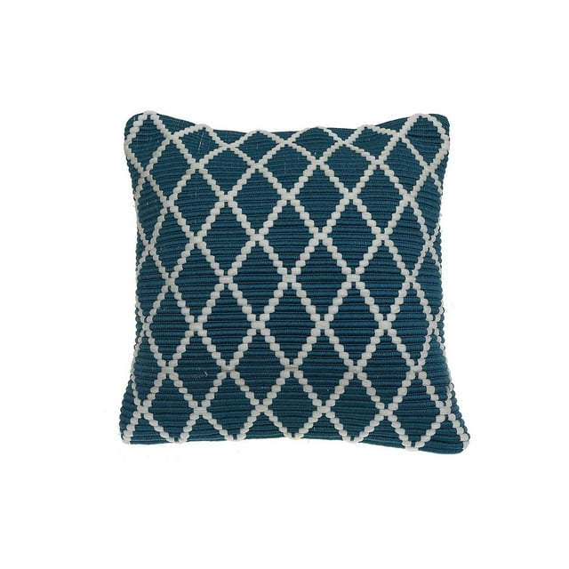 Square teal cushion featuring a ribbed fabric with an intersecting white diamond pattern.