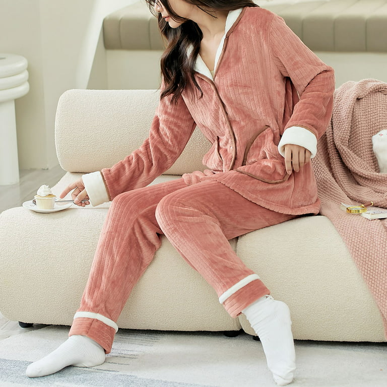 QIPOPIQ Pajamas for Women Clearance Ladies Coral Fleece Warm Set Worn Out  Long Sleeve Cardigan Pocket Homewear Plus Size Sleepwear Reduced Price! 