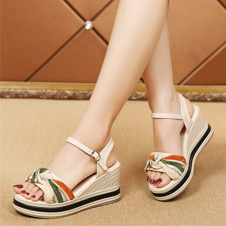 

uikmnh Women Shoes Fashion Spring And Summer Women Sandals Wedge Heel Open Toe Colorful Cloth Strap Knot Buckle Beige 7