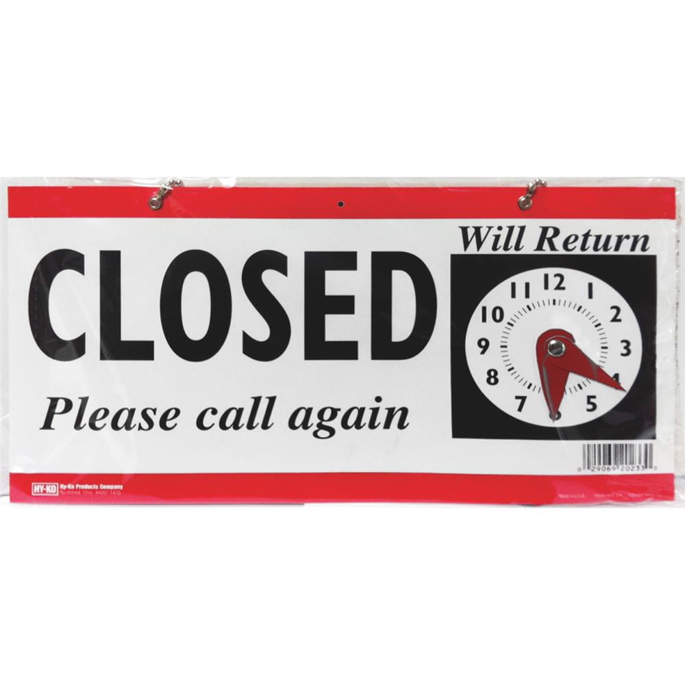 HyKo Plastic Open/Closed Clock Sign, Includes Hanging Chain, 9.5" x 7