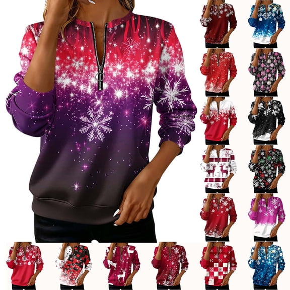 Cmtiyu Christmas Sweatshirt for Women Plus Size Long Sleeve Snowflake Graphic Crew Neck Sweatshirts Casual Loose Holiday Zipper Pullover Tops S-5XL