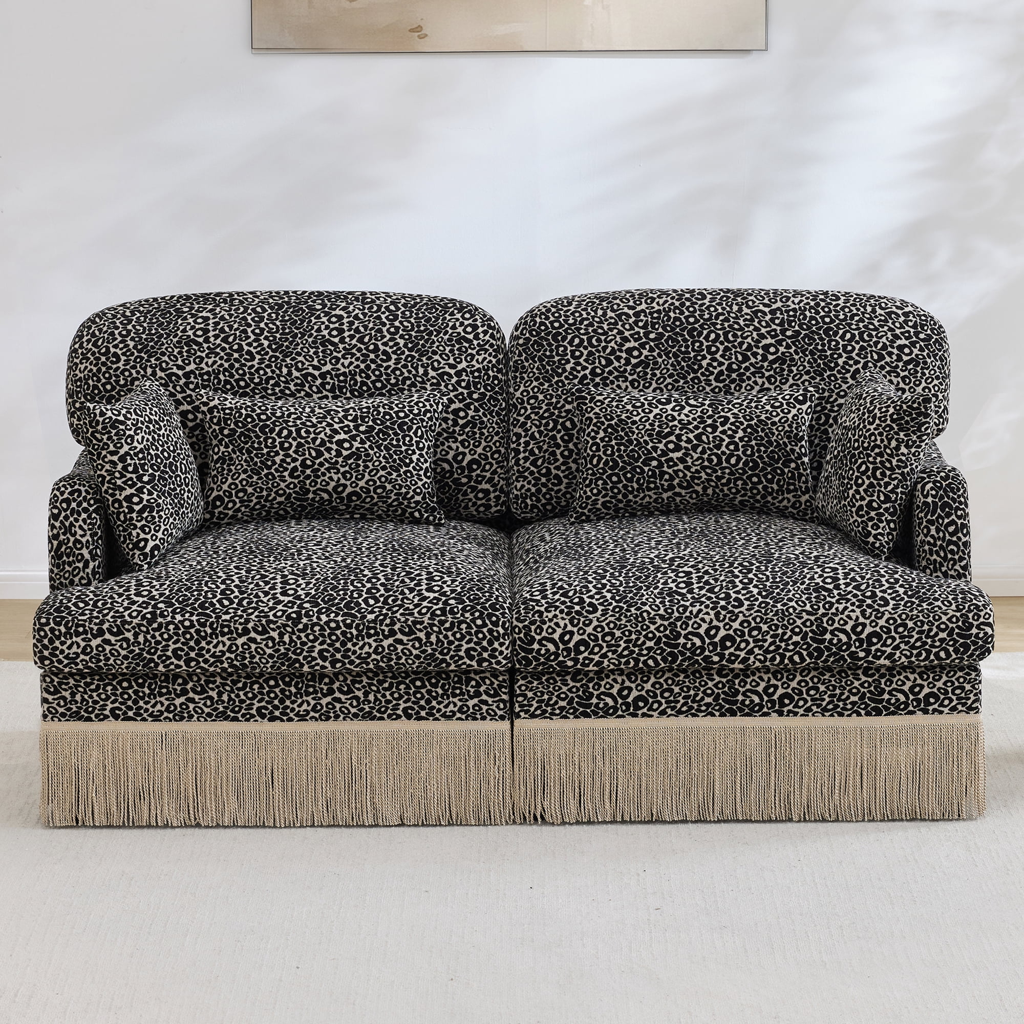 69" Chenille Leopard Tassel Deep Seat Loveseat Sofa Couch with 4 Throw Pillows