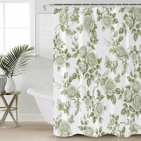 Sage Green Flower Waterproof Fabric Shower Curtain, Vintage Country Rose Leaf Floral Shower Curtain for Bathroom Curtains Bathtubs Hotel Washable Shower Curtains with 12 Hooks Standard 72x72