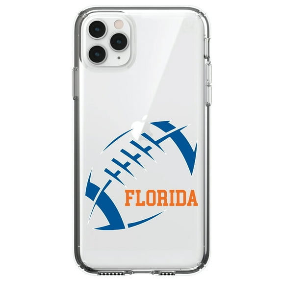 DistinctInk Clear Shockproof Hybrid Case for iPhone 12 MINI (5.4" Screen) - TPU Bumper, Acrylic Back, Tempered Glass Screen Protector - Florida Football - Orange, Blue