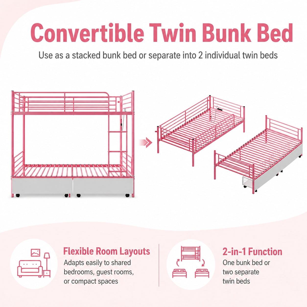 Miniyam Twin Over Twin Metal Bunk Bed with Storage Drawers, Convertible Bunk Bed with Guardrails, Ladder, Pink