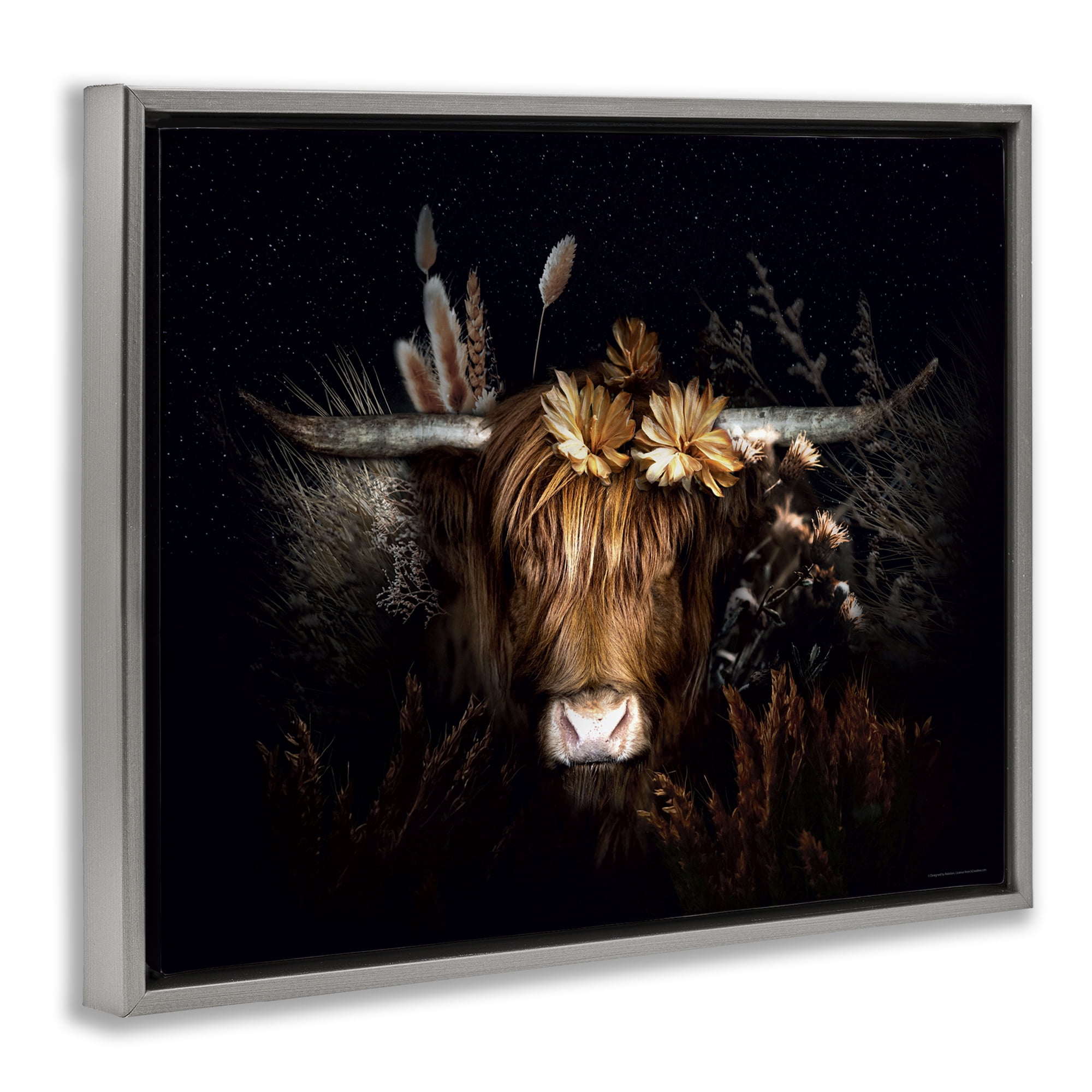 Stupell Industries Shadowed Cattle & Botanicals Animals Painting Gray Floater Framed Canvas Art Print Wall Art, 21 x 17