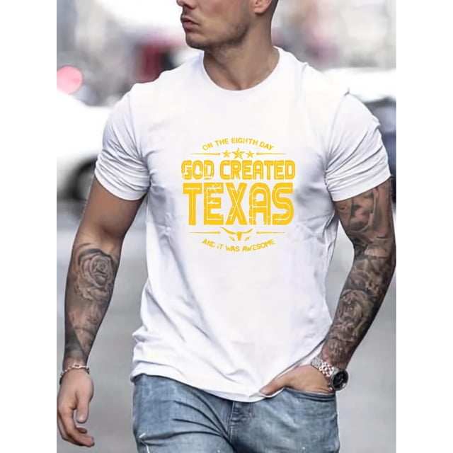 Stylish Slogan GOD CREATED TEXAS Pattern Print Men's T-shirt, Graphic Tee Men's Summer Clothes, Men's Outfits Tee For Adult, Men, Women, Teen, Teenager, Adolescent, Youth.