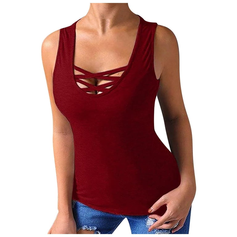 KEYBANG Tank Sleeveless Leisure Solid Tops V-Neck Summer for Women Red 3XL  