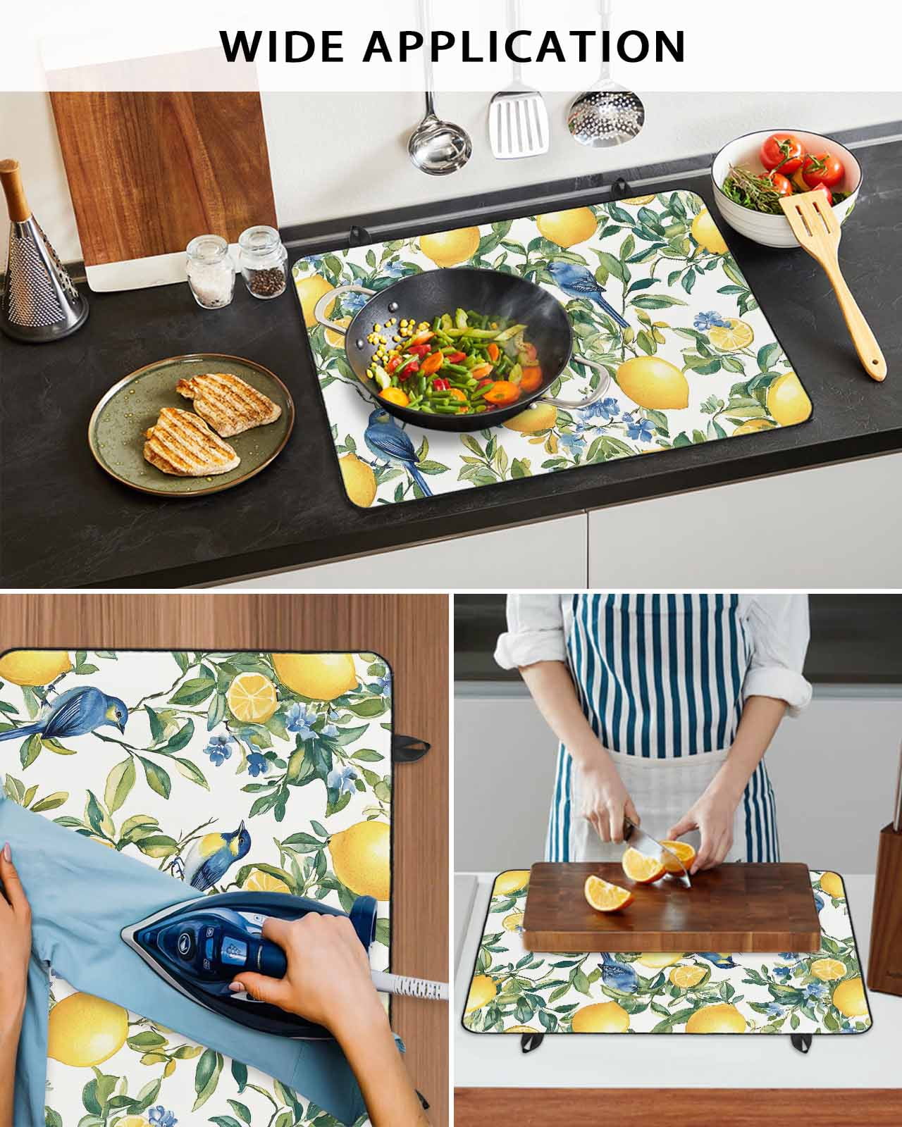 nqOlkjepod Large Induction Cooktop Protector Mat 36"x21", Botanical Lemon Stove Top Covers for Electric Stove, Watercolor Blue Birds Green Leaves Stove Burner Cover Mats, Glass Top Stove Cover
