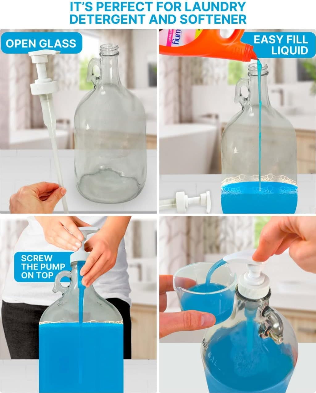 Skywin Gallon Pump Dispenser - 2 Pack Glass Laundry Detergent Dispenser for Laundry Room good as Laundry Detergent Dispenser Glass Jar, Fabric Softener Dispenser, Liquid Laundry Soap Dispenser (White)