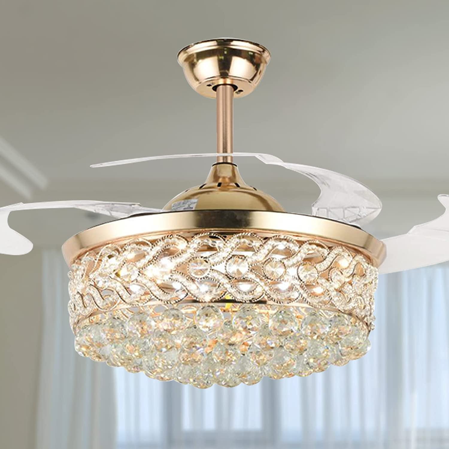 AFANQI 42" Luxury Crystal Ceiling Fan with Light Retractable Blades Remote LED Chandelier with