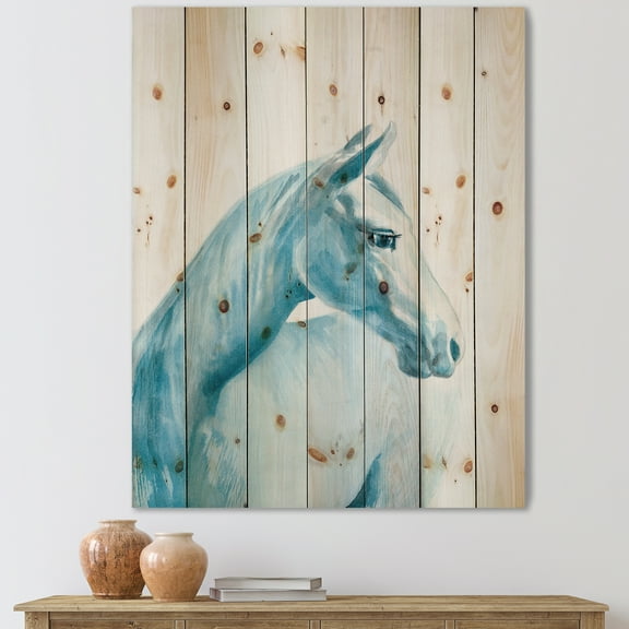 Designart 'Close Up Portrait Of A Light Blue Horse' Farmhouse Print on Natural Pine Wood