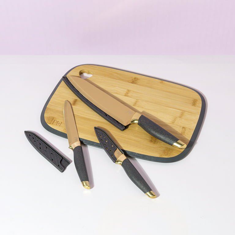 Paris Hilton 7-Piece Bamboo Heart Cutting Board and Stainless Steel Cutlery  Set, Charcoal Gray 