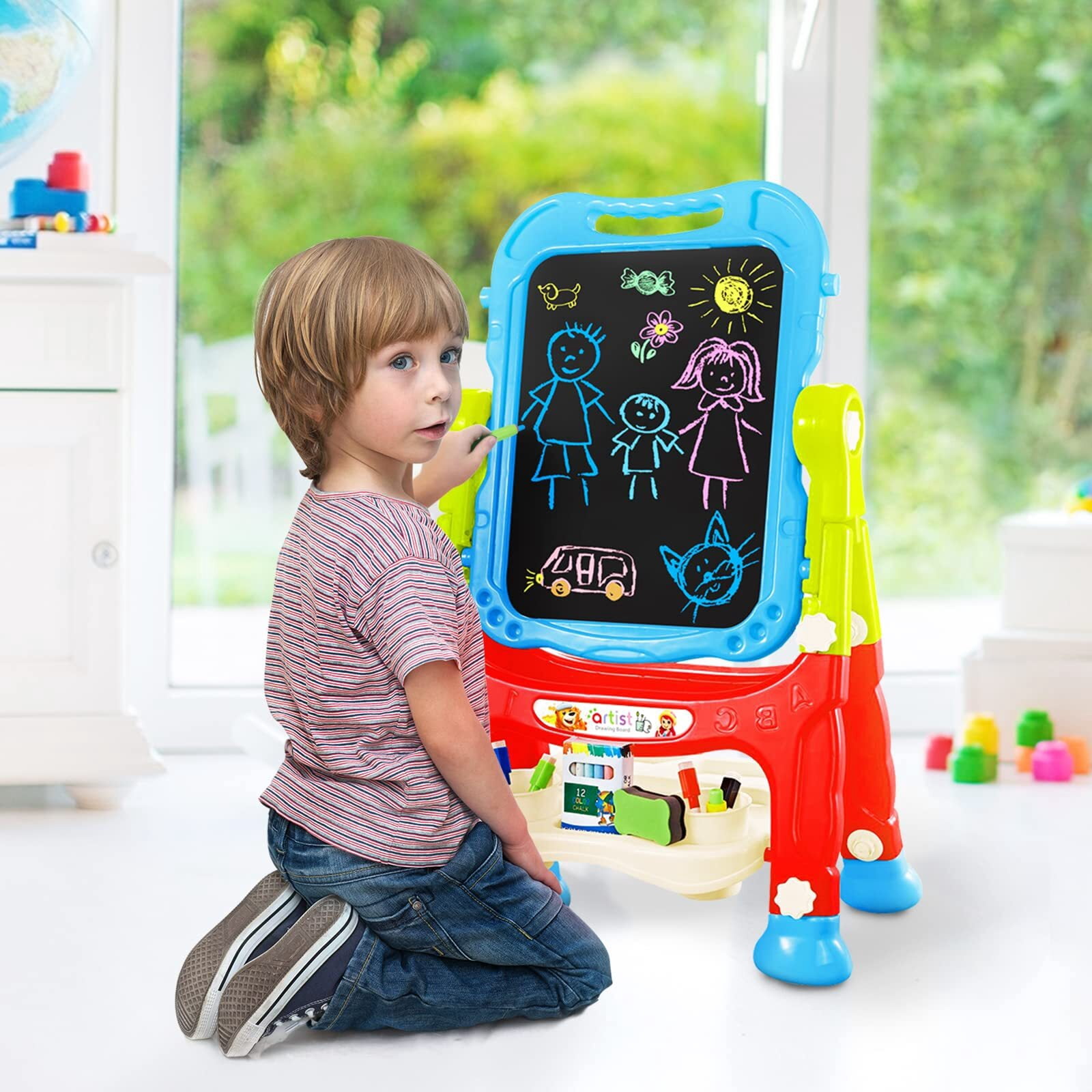 Jaawind Easel for Kids, Double Sided Adjustable Standing Toddlers Art Easel with Magnetic White Board & Chalk Blackboard, Painting Accessories, Gift for Toddlers Boys and Girls Age 3-8 Red