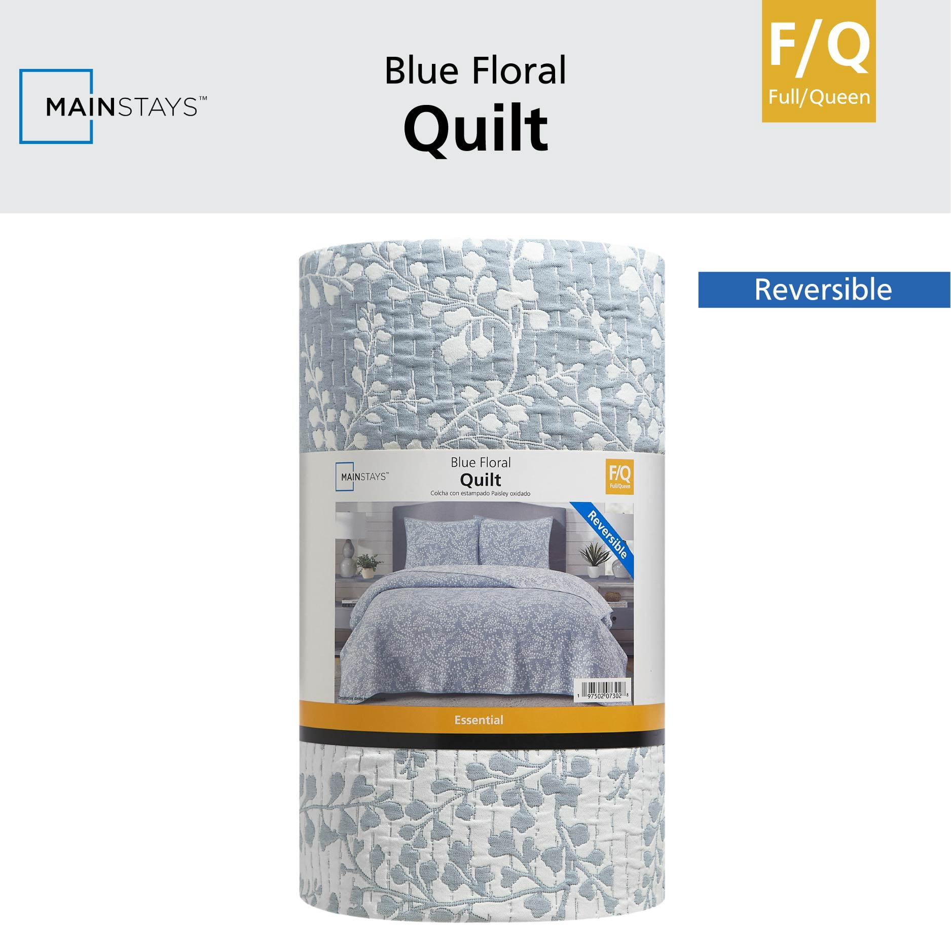 Mainstays Botanical Floral Stitched Quilt, Full/Queen, Light Blue, Reversible Lightweight Bedding