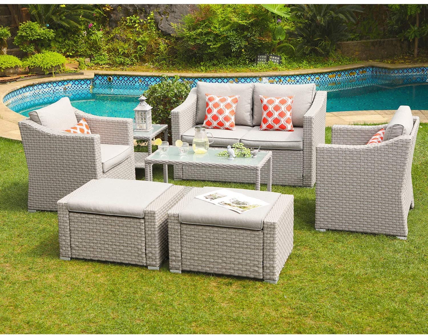 COSIEST 7Piece Patio Furniture Conversation Set Gray Wicker Sectional
