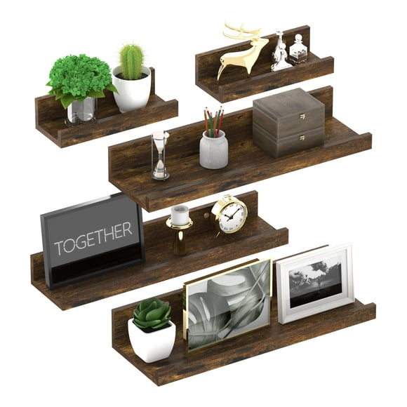 Giftgarden Wall Mounted Floating Shelves Set of 5, Rustic Wood Wall Shelves for Bathroom, Bedroom, Kitchen, Living Room Storage and Decoration, Brown Small Picture Ledge