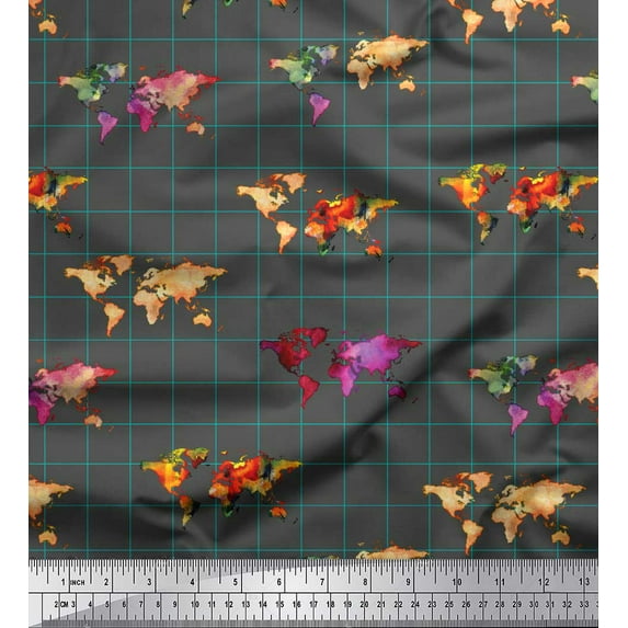 Soimoi Gray Cotton Duck Fabric Check & World Map Printed Fabric 1 Yard 42 Inch Wide